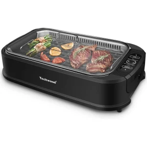 Techwood 1500W Smokeless Indoor Electric Grill with Non-Stick Plates and Tempered Glass Lid - Korean Grill