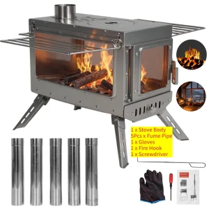 Stainless Steel Smokeless Tent Stove with 5 Chimney Pipes & Gloves
