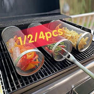 1-4 pc. Rolling Grilling Basket Stainless Steel BBQ Grill Basket